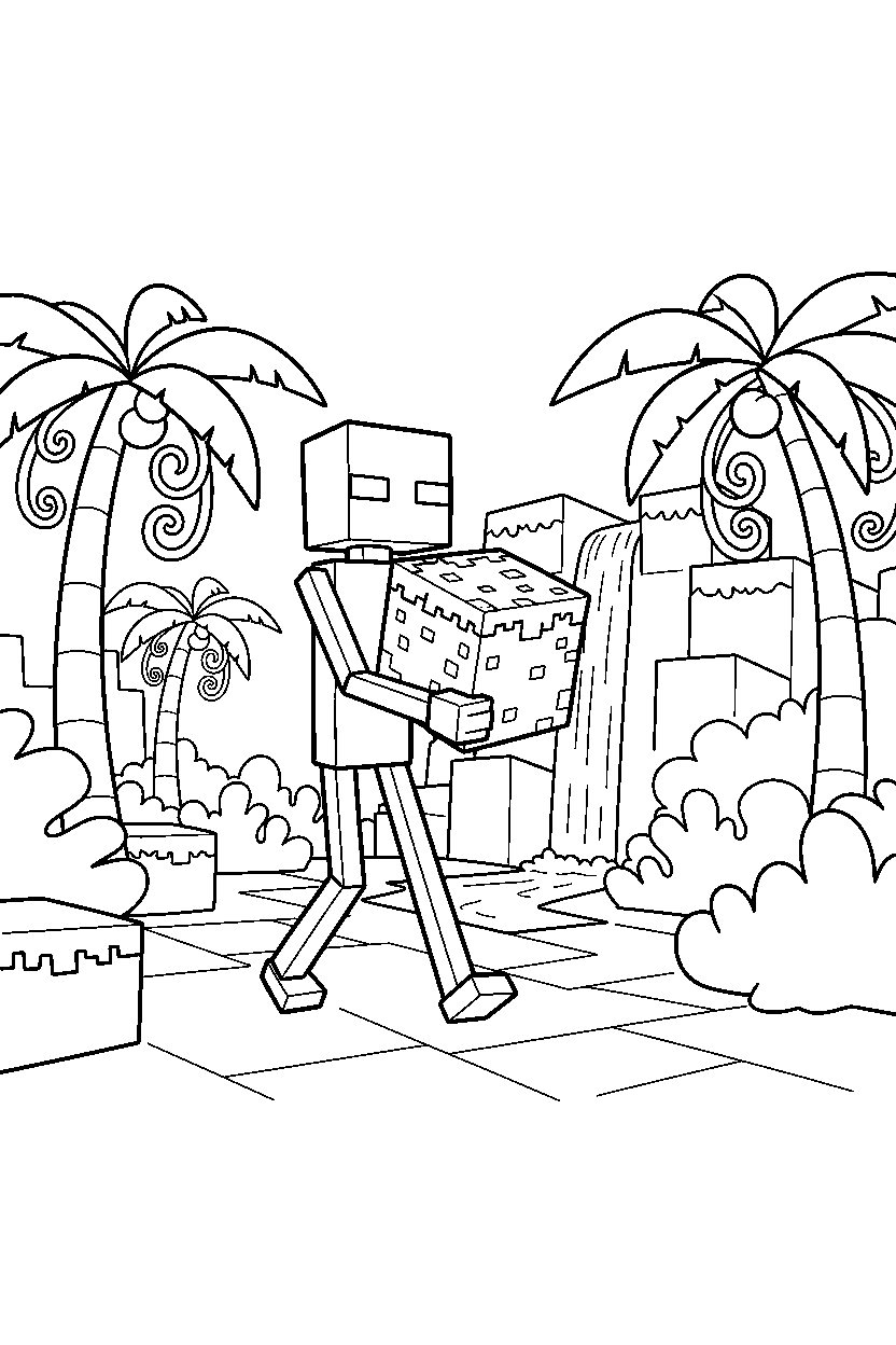 minecraft enderman moving a block slowly in a jungle line art