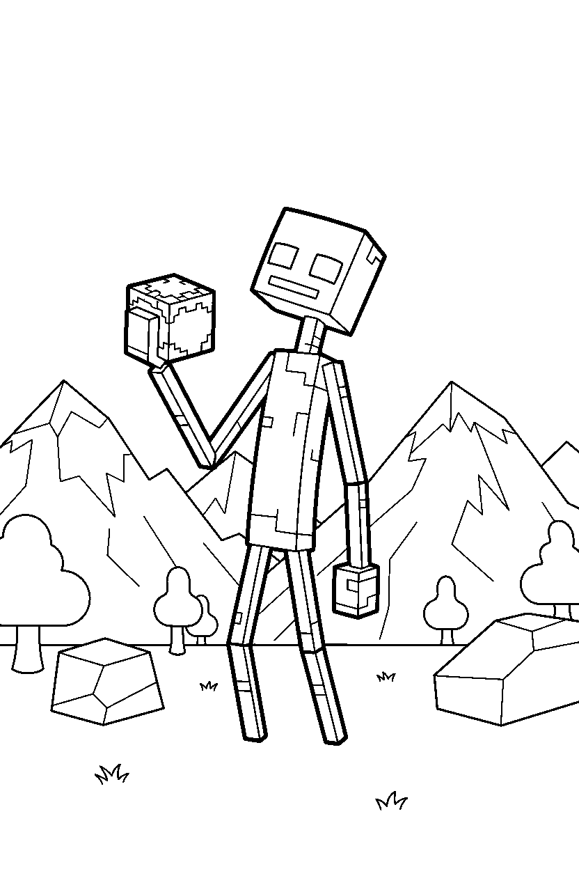minecraft enderman observing curiously in mountains line art