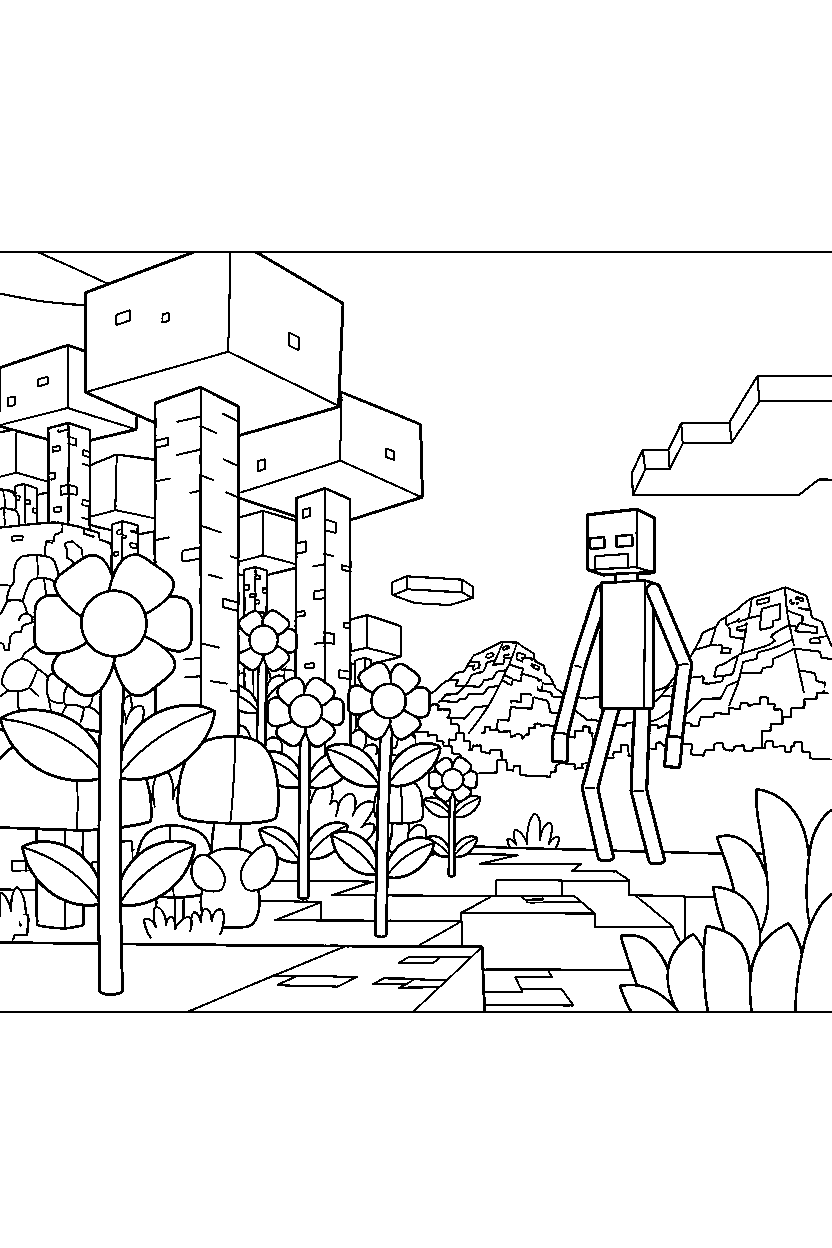 minecraft enderman observing from a distance in a flower forest line art