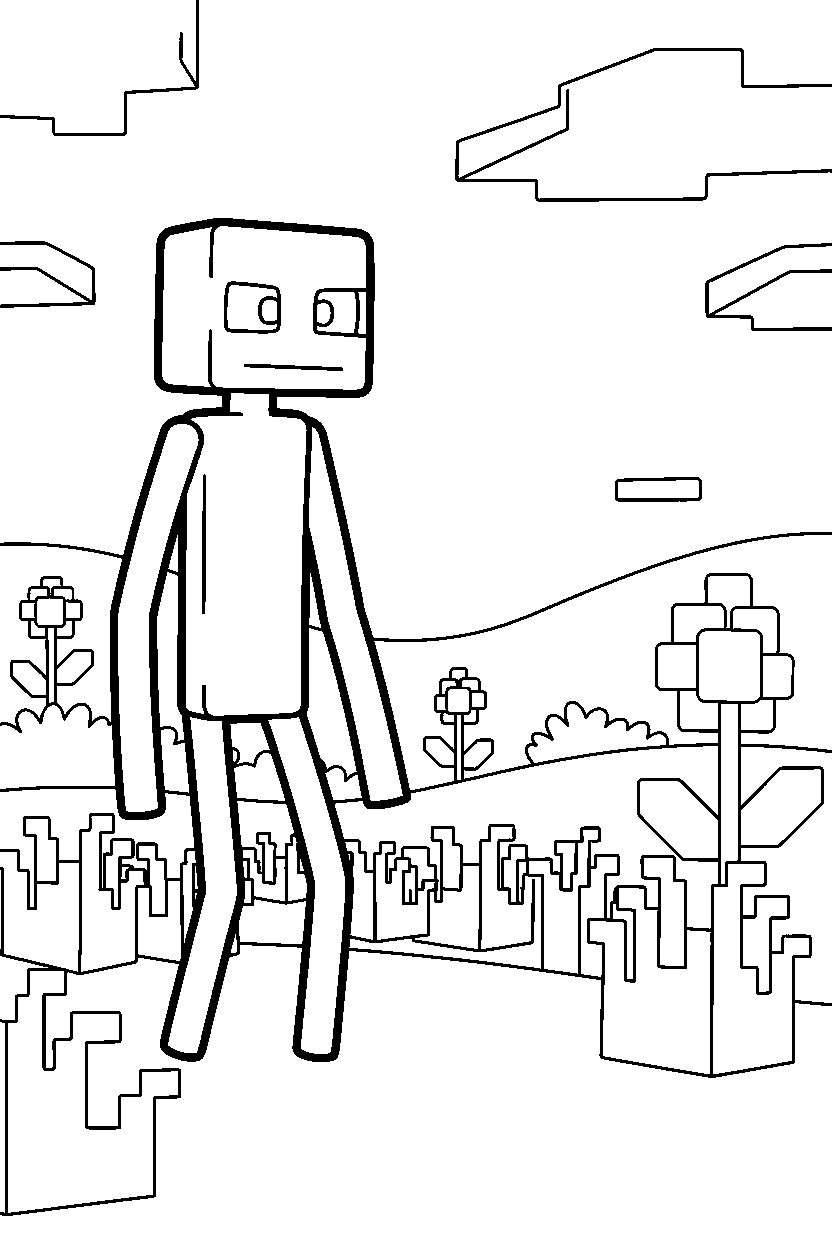 minecraft enderman observing from a distance in a meadow line art