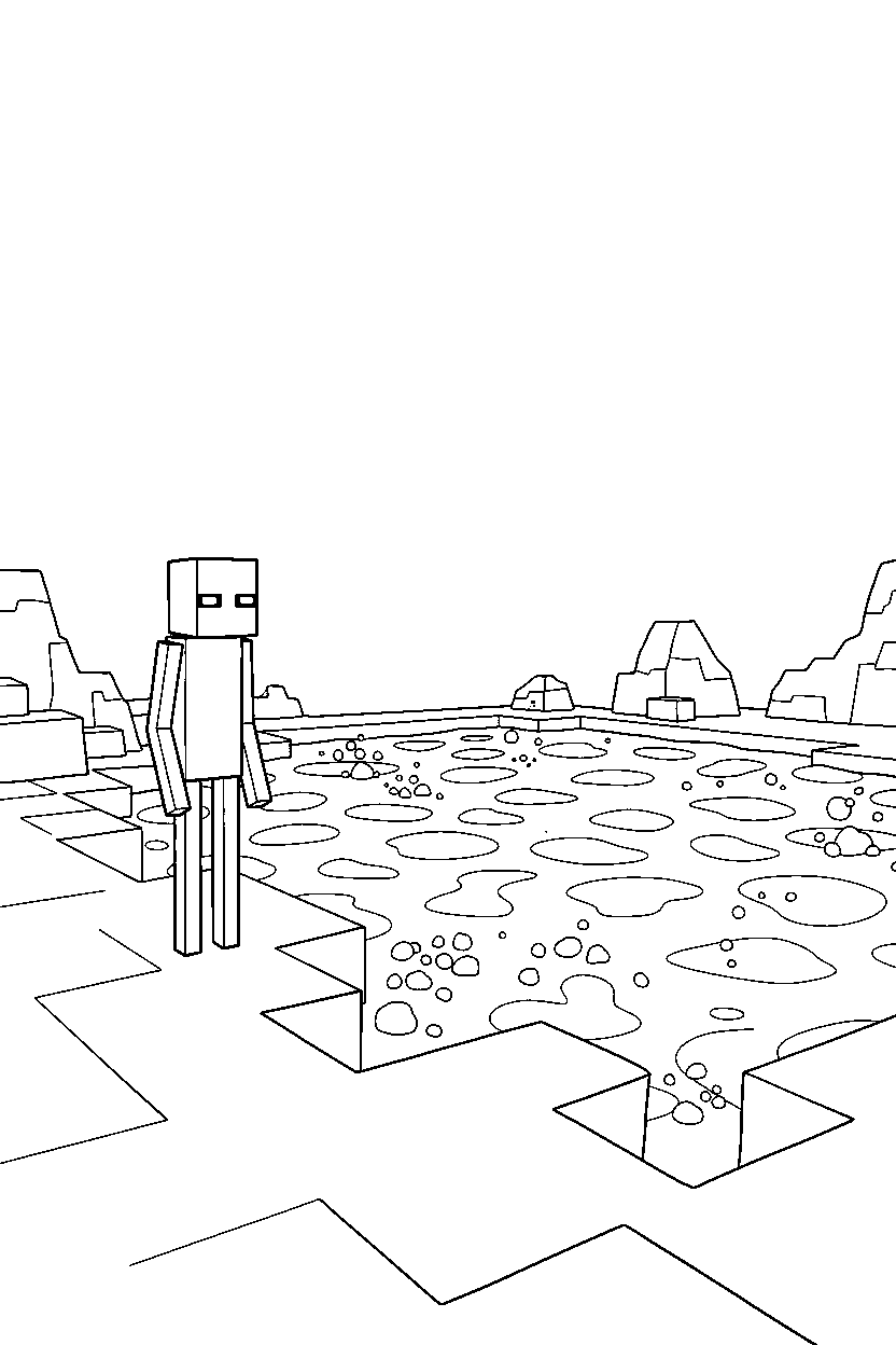 minecraft enderman observing from a distance near a lava lake line art