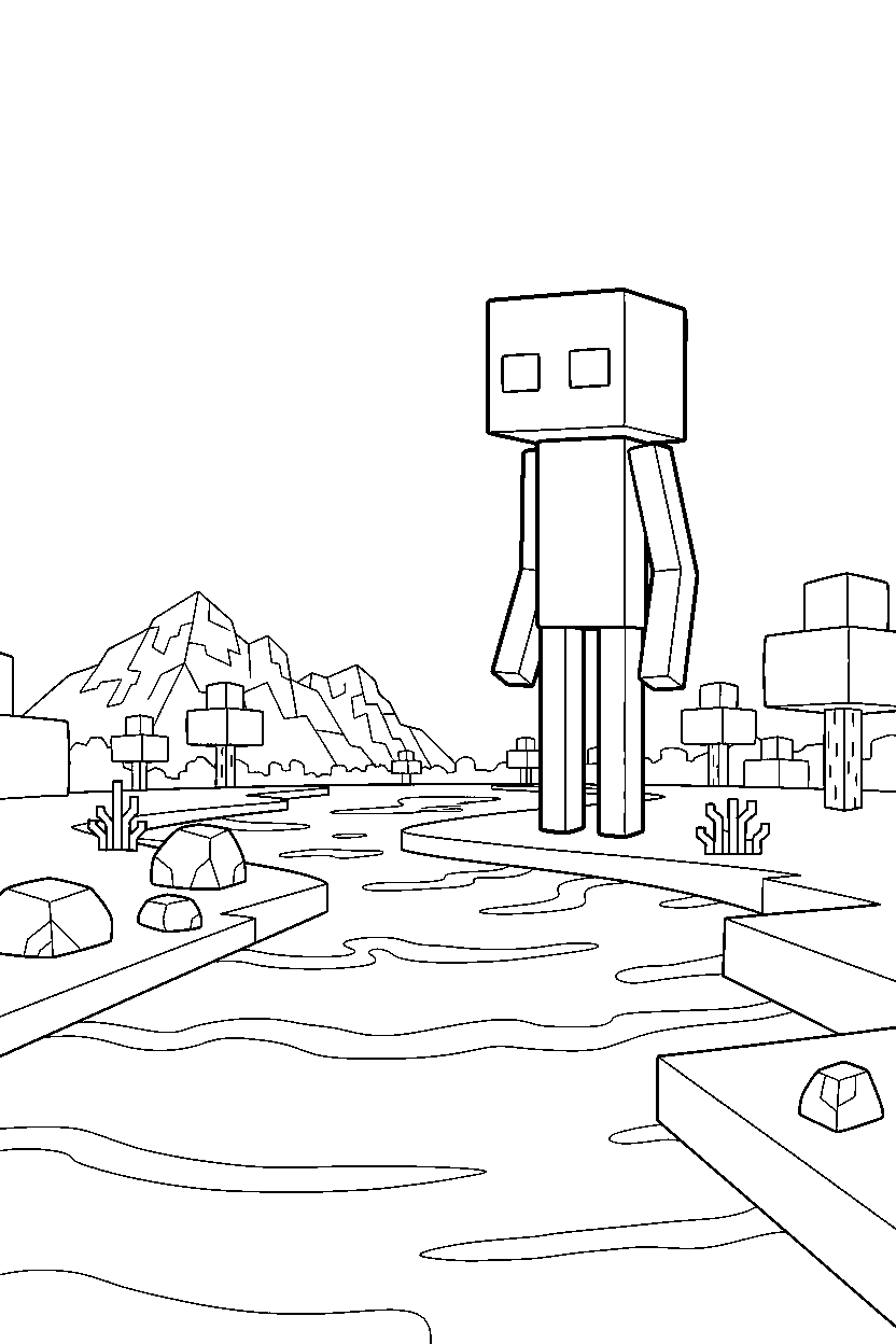 minecraft enderman observing the surroundings near a river line art