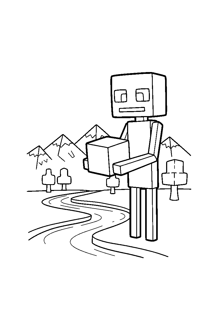 minecraft enderman picking up a block near a river line art