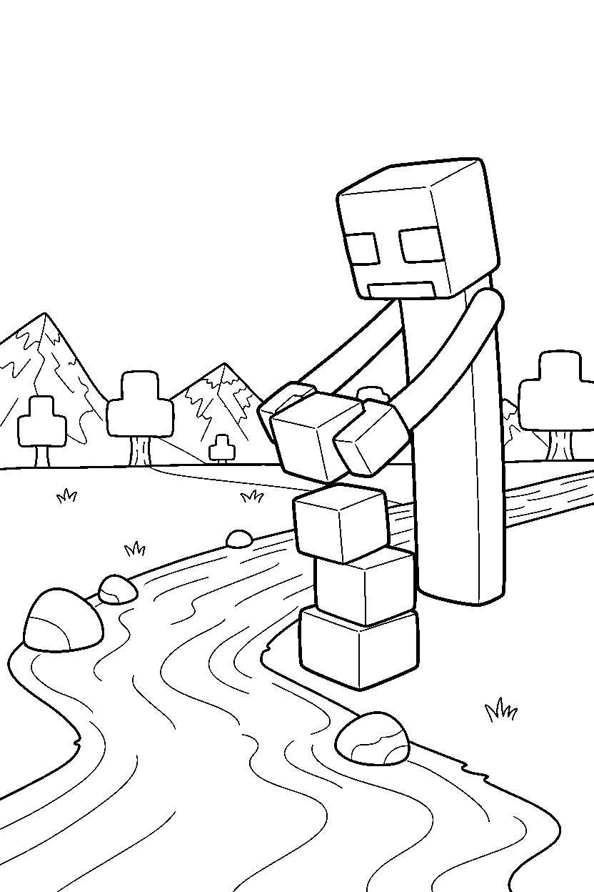 minecraft enderman placing a block carefully near a river line art