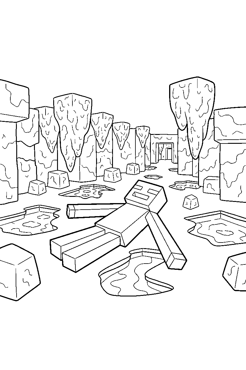minecraft enderman relaxing peacefully in a dripstone cave line art