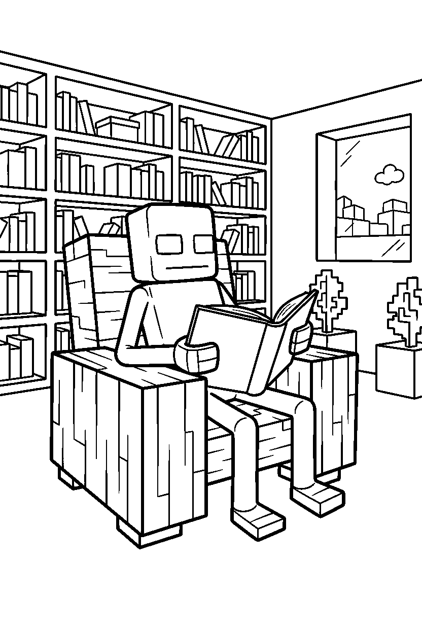 minecraft enderman resting in library room line art