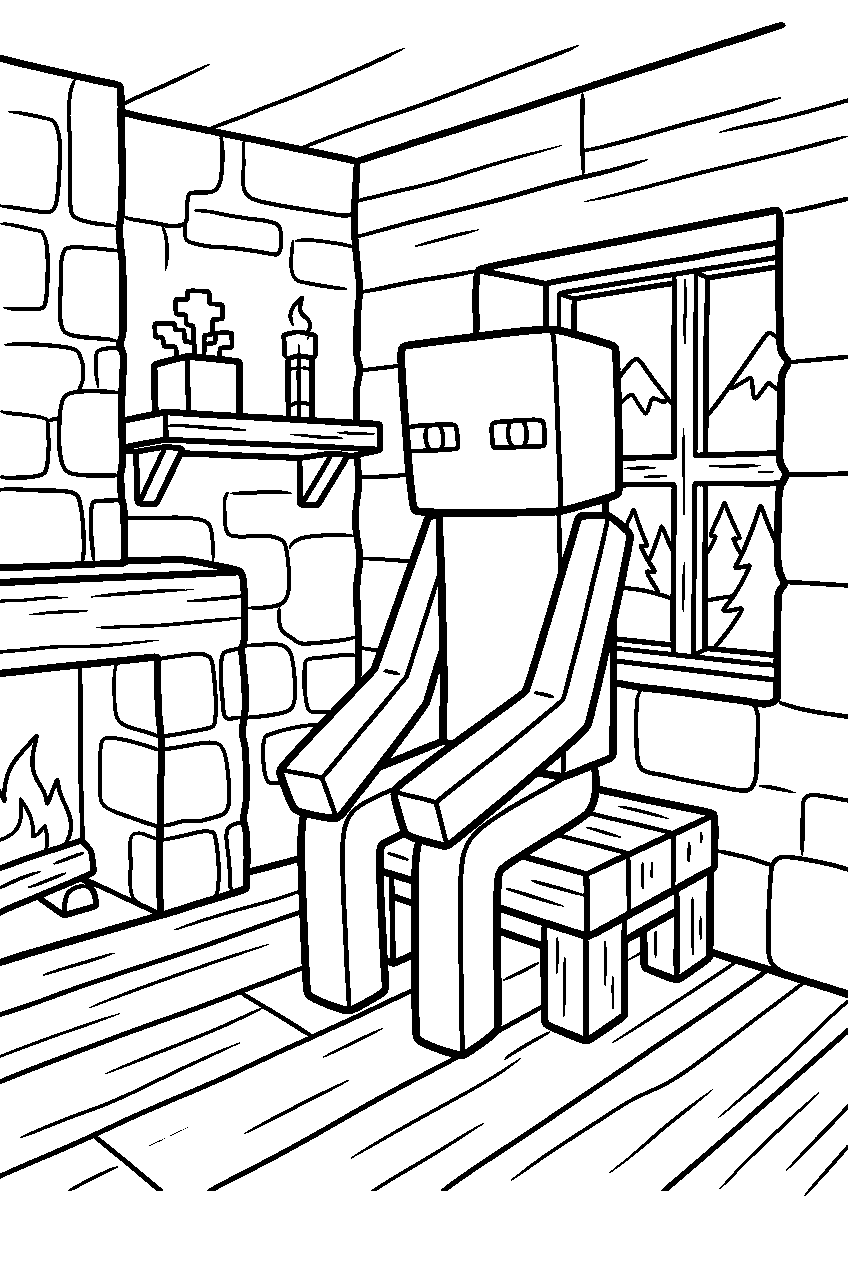 minecraft enderman sitting in mountain house line art