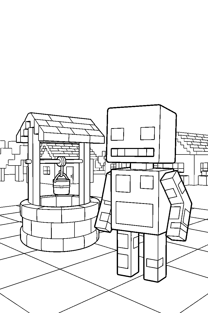 minecraft enderman smiling at village well line art