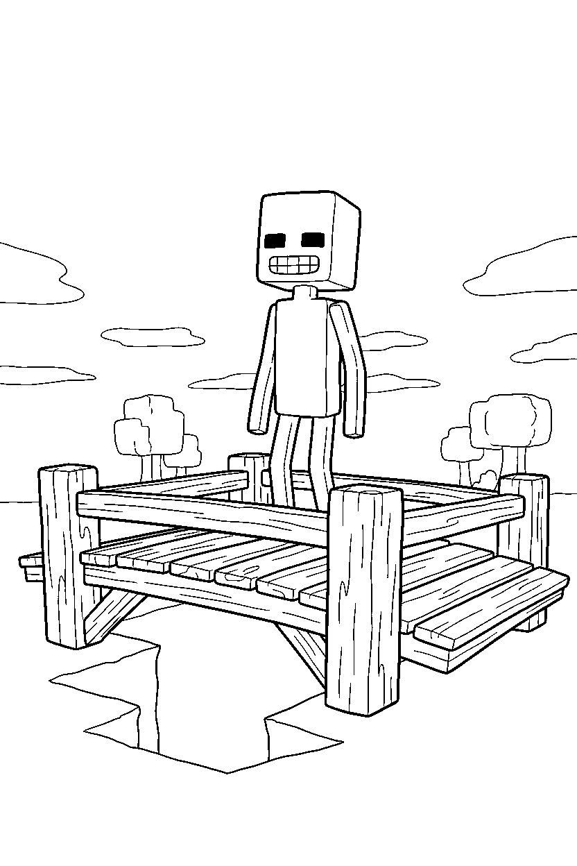 minecraft enderman smiling on wooden bridge line art