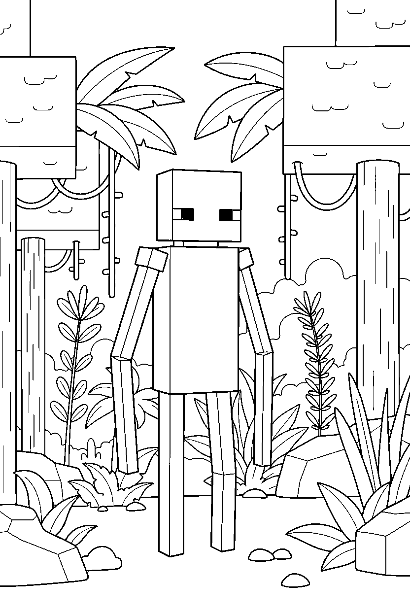 minecraft enderman standing alert in a jungle line art