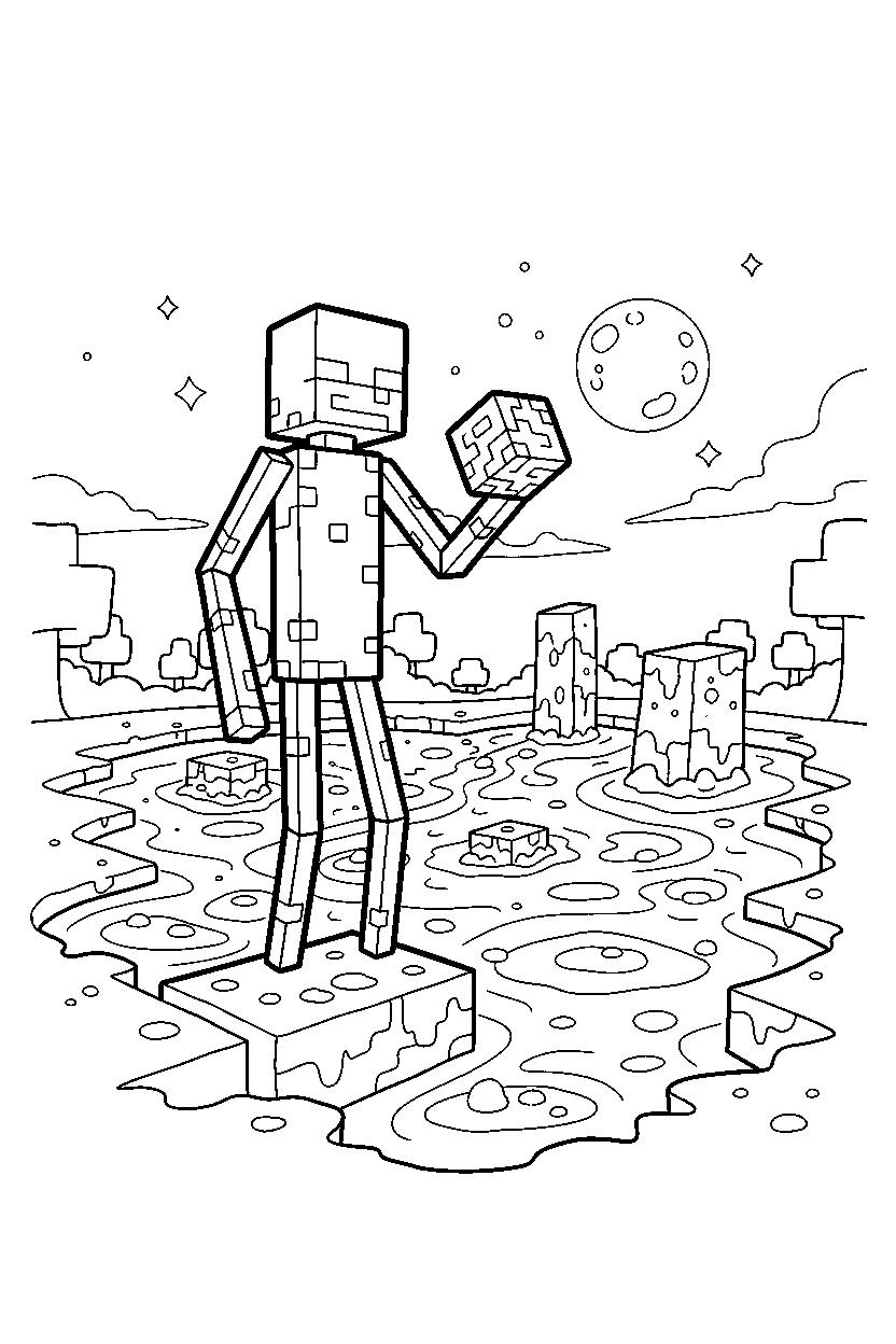 minecraft enderman standing alert near a lava lake line art