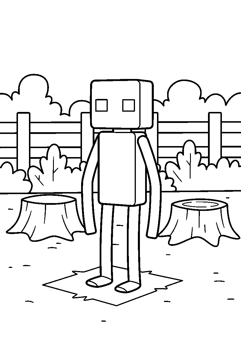 minecraft enderman standing calmly in simple backyard line art
