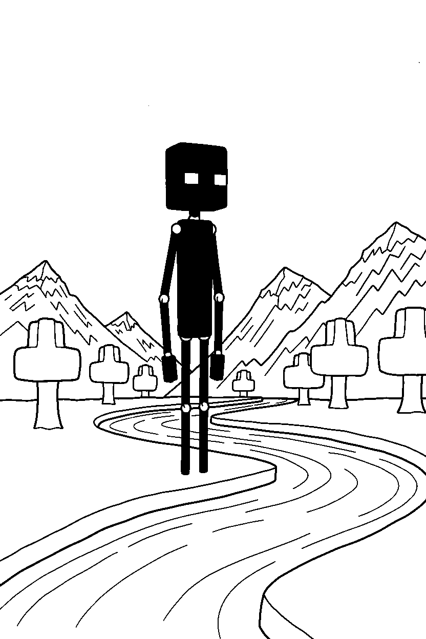minecraft enderman standing calmly near a river line art