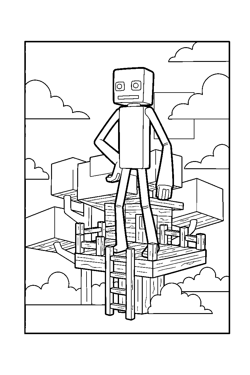 minecraft enderman standing confidently in treehouse line art
