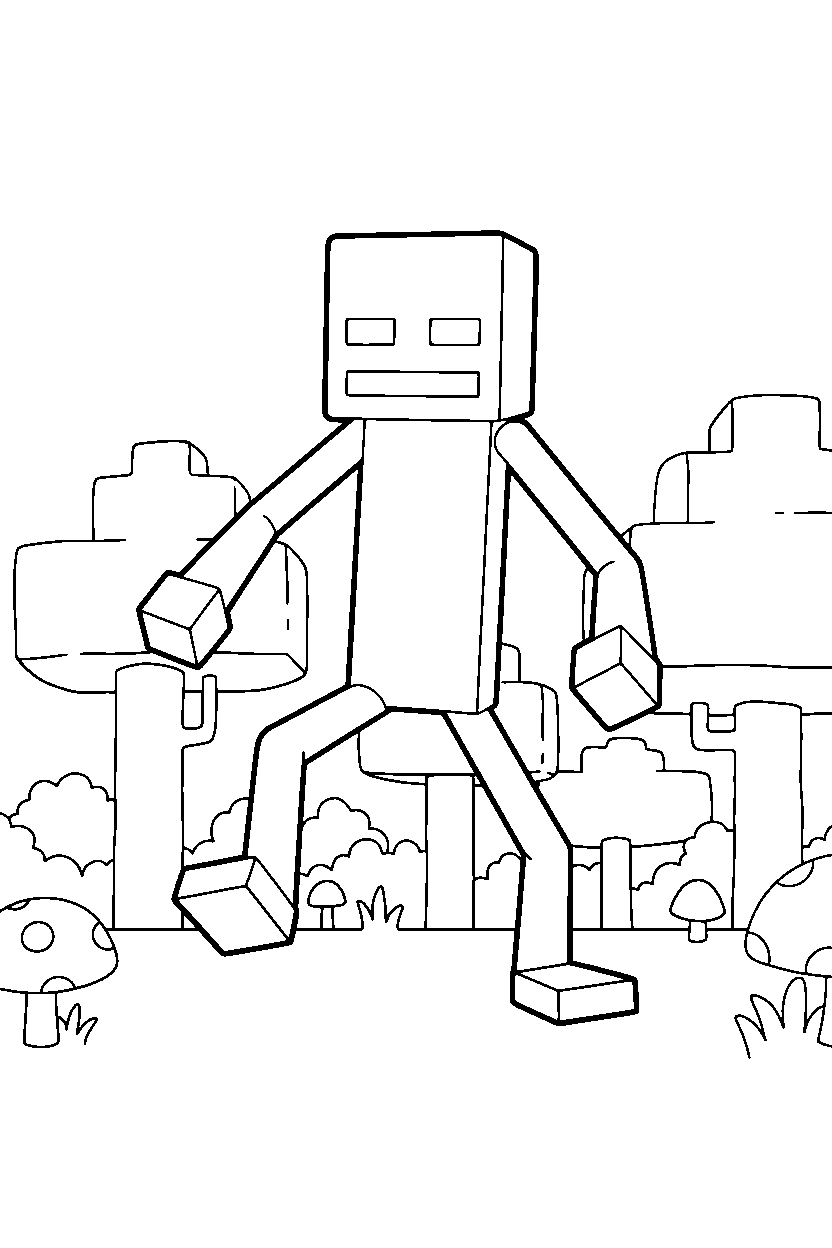 minecraft enderman stomping playfully in a forest line art