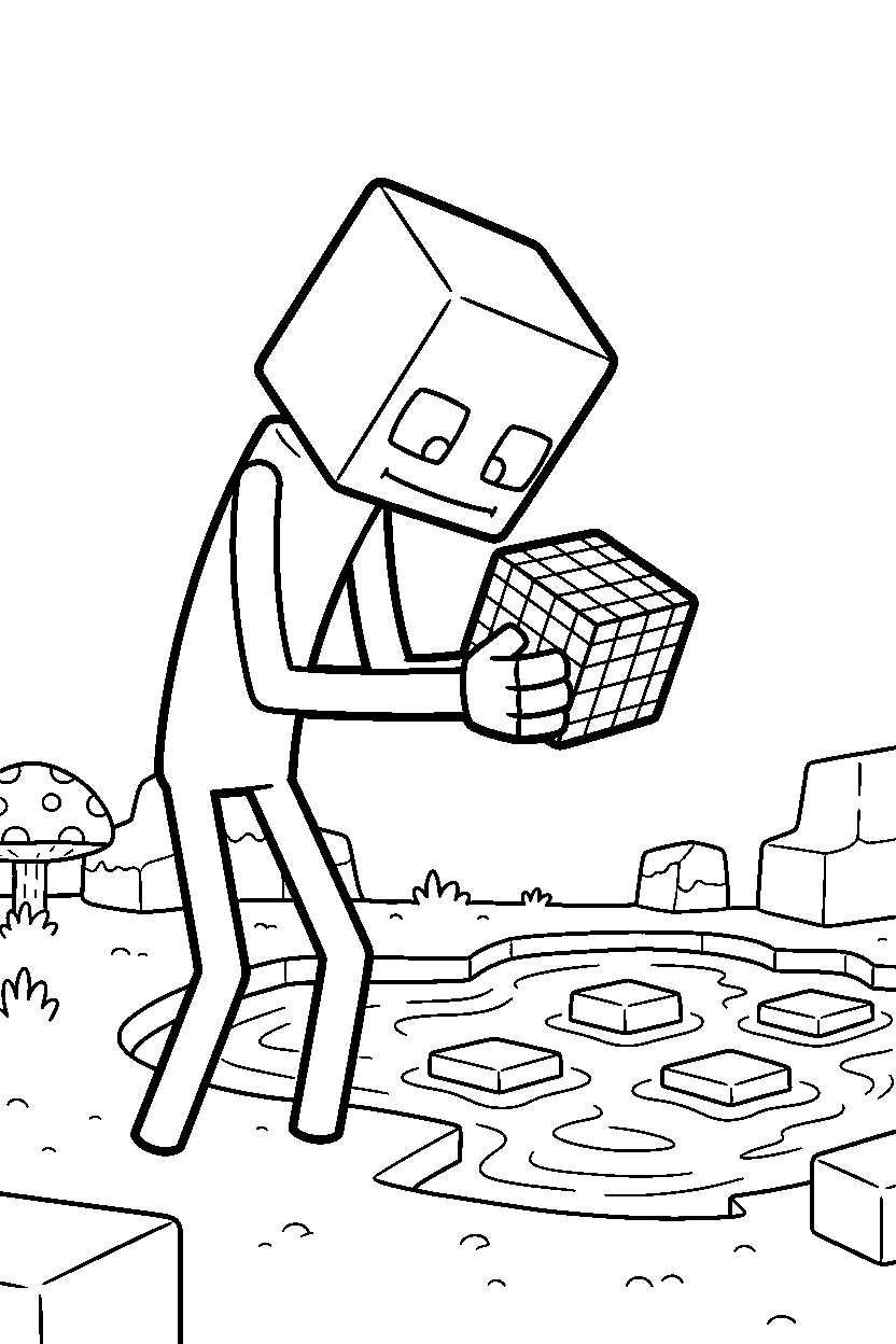 minecraft enderman studying a block curiously near a lava lake line art
