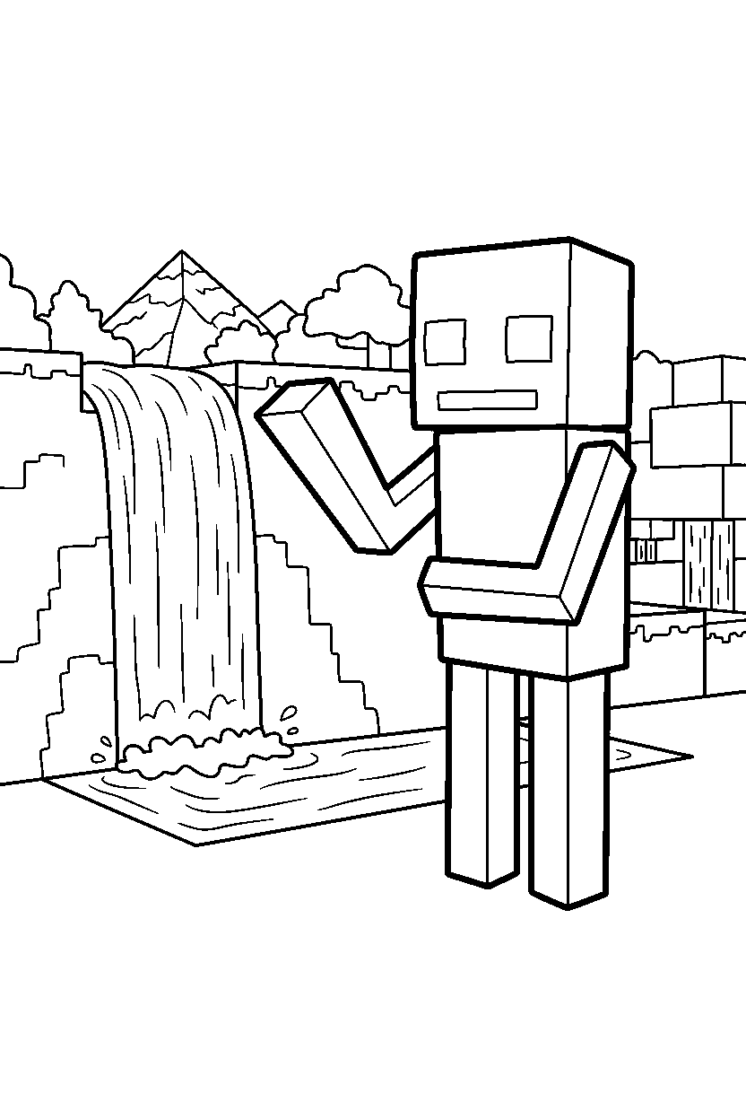 minecraft enderman studying the surroundings near a waterfall line art