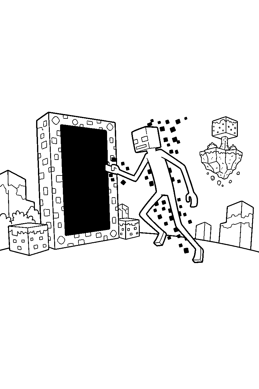 minecraft enderman teleporting suddenly near a nether portal line art