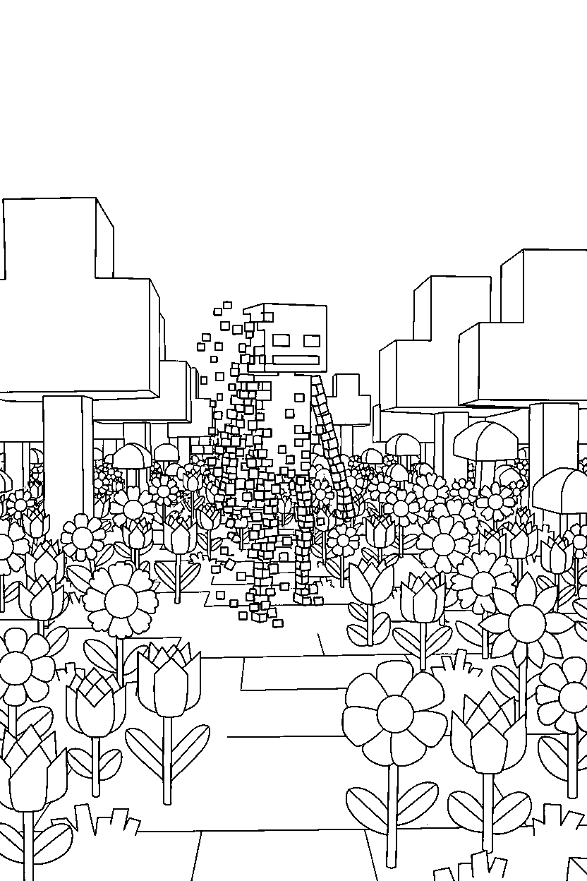 minecraft enderman vanishing quietly in a flower forest line art