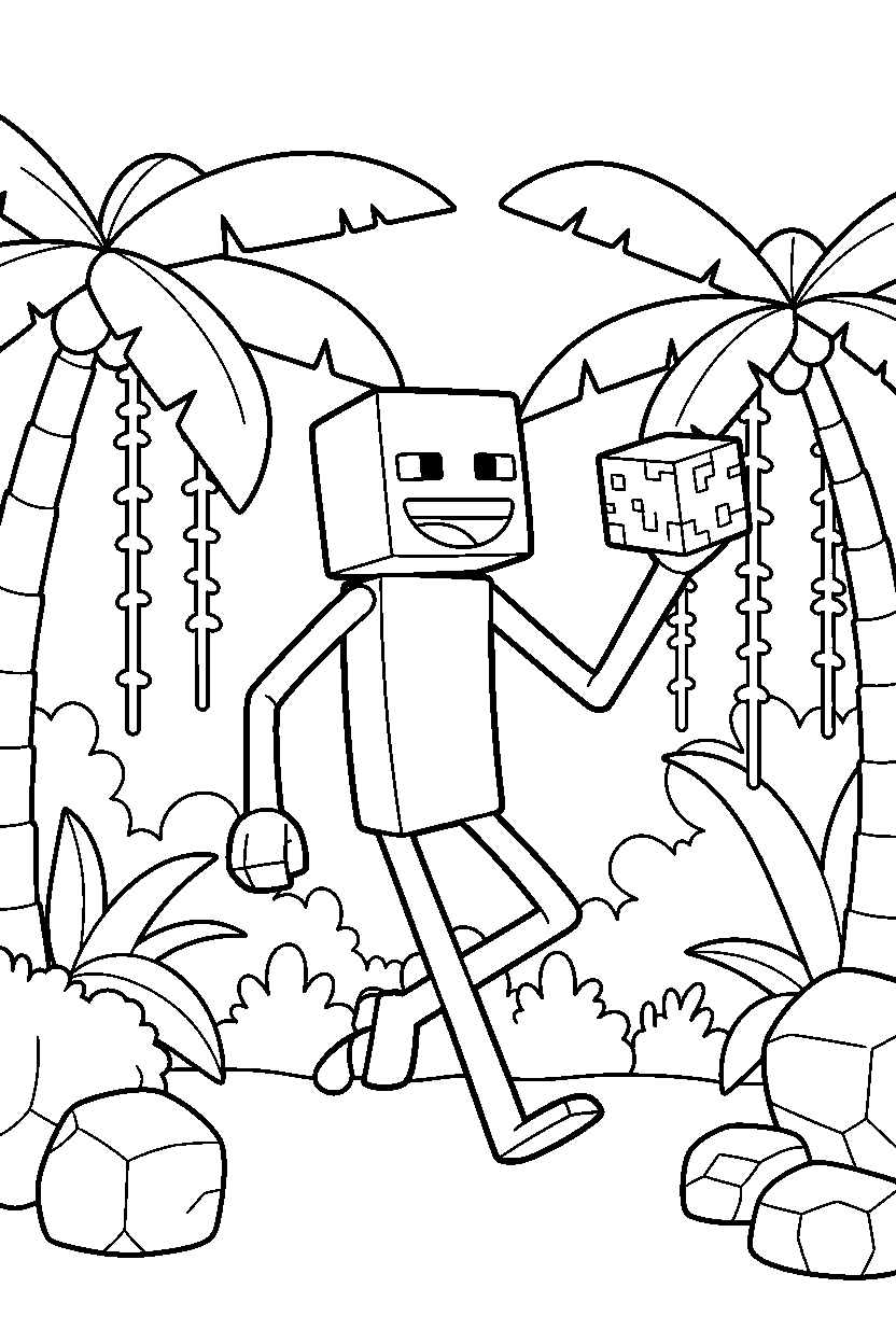 minecraft enderman walking happily in a jungle line art