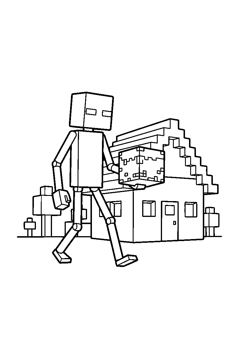 minecraft enderman walking slowly at village house line art