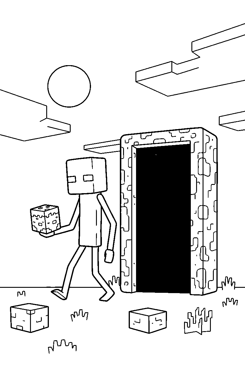 minecraft enderman wandering aimlessly near a nether portal line art