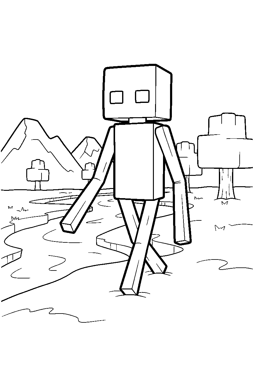minecraft enderman wandering aimlessly near a river line art