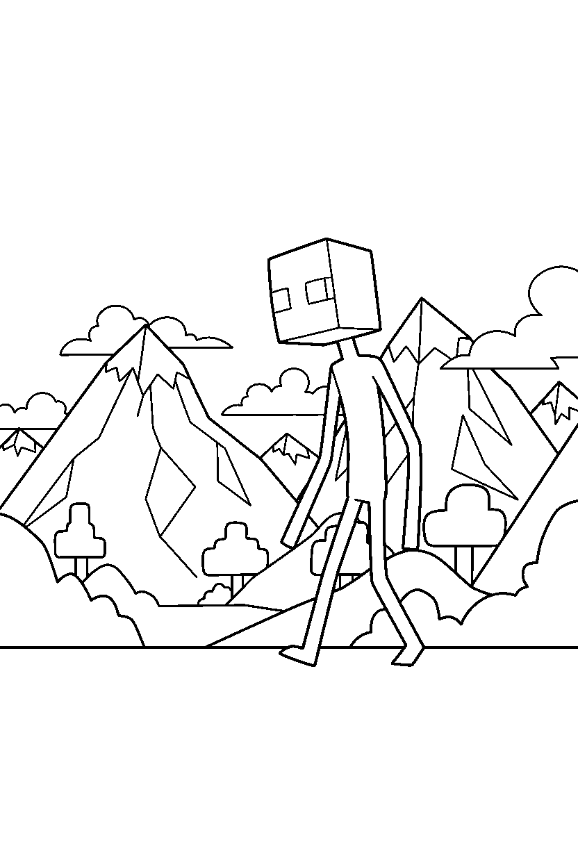 minecraft enderman wandering curiously in mountains line art