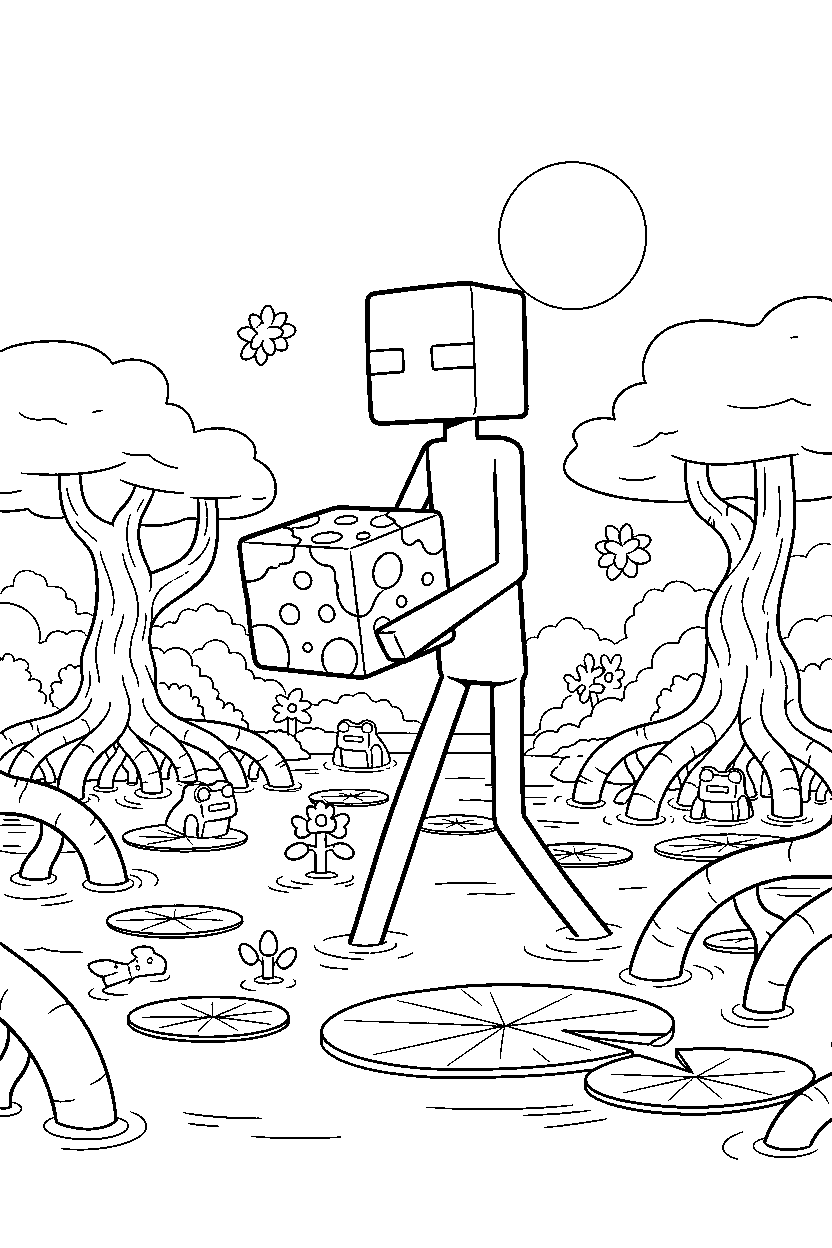 minecraft enderman wandering silently in a mangrove swamp line art