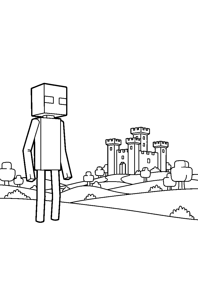 minecraft enderman watching a distant structure in a meadow line art