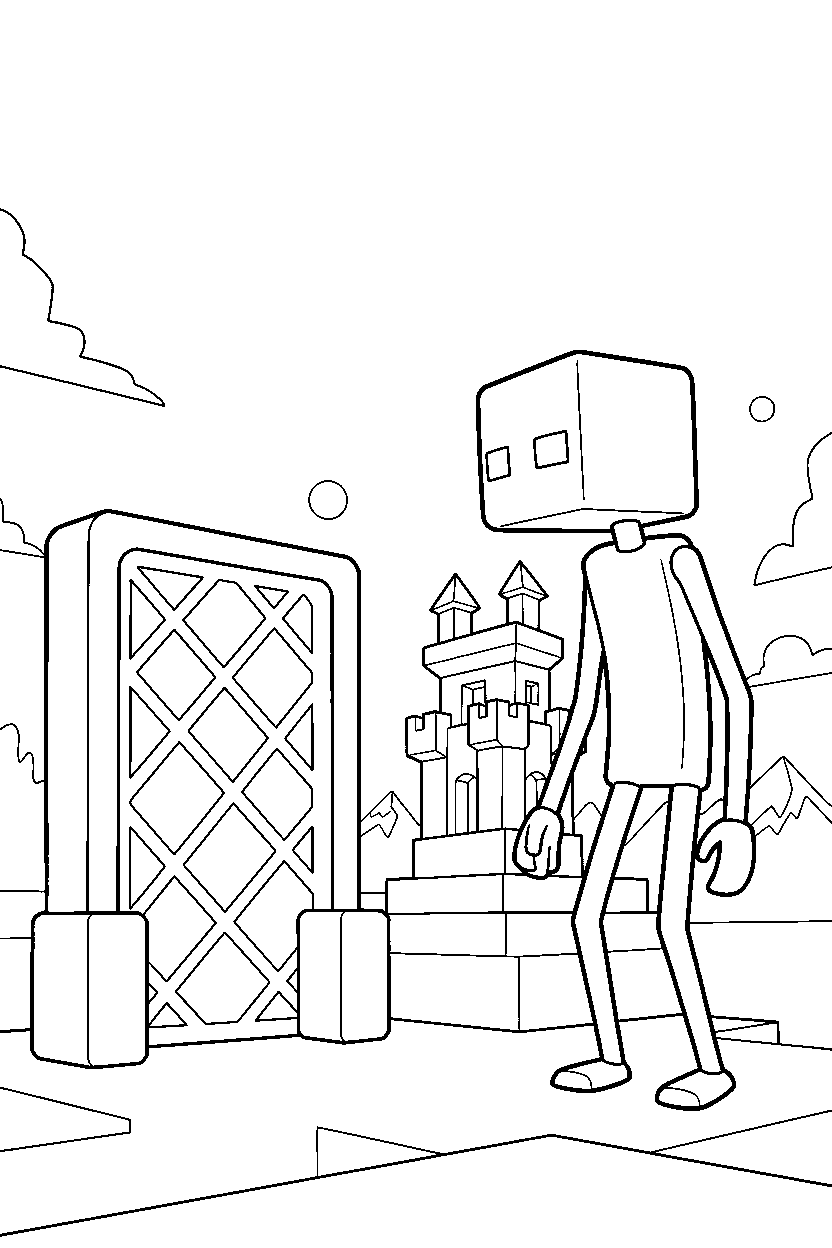 minecraft enderman watching a distant structure near a nether portal line art