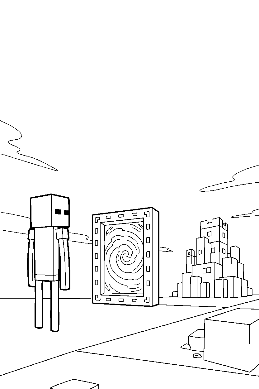 minecraft enderman watching a distant structure near a portal line art