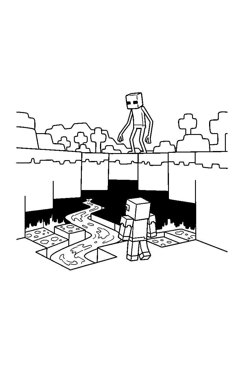 minecraft enderman watching a player from afar near a lava cave line art