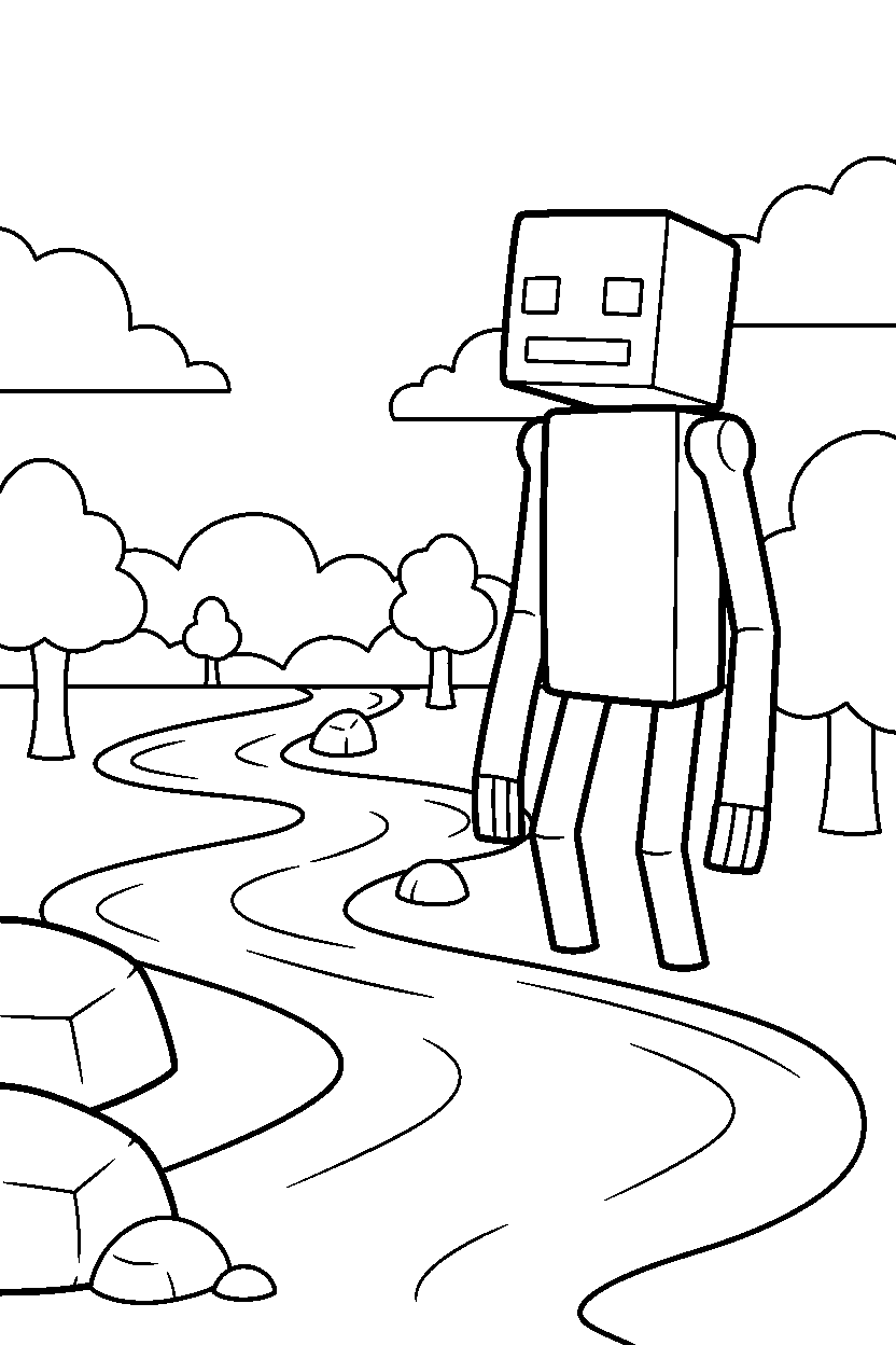 minecraft enderman watching calmly near a river line art