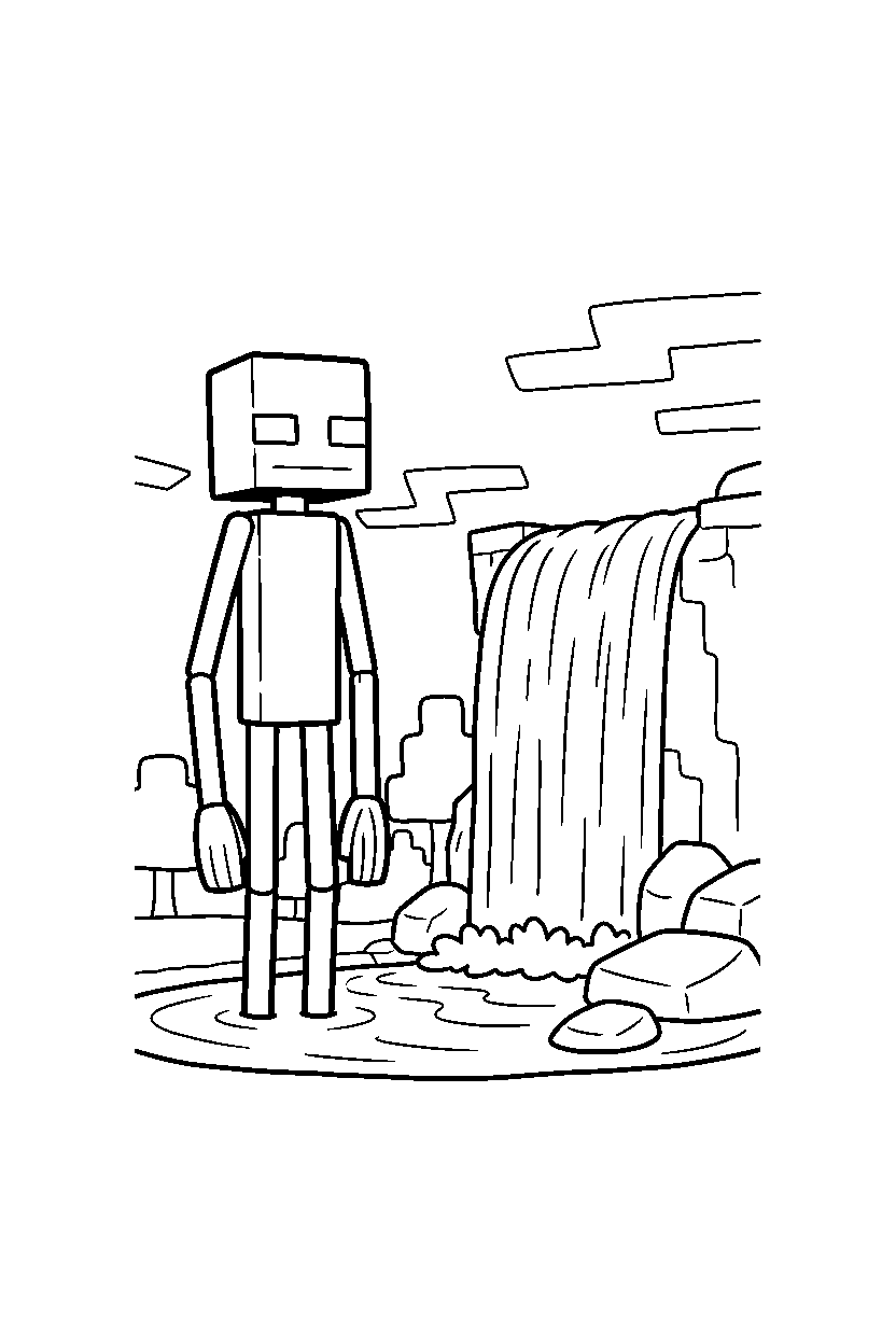 minecraft enderman watching calmly near a waterfall line art