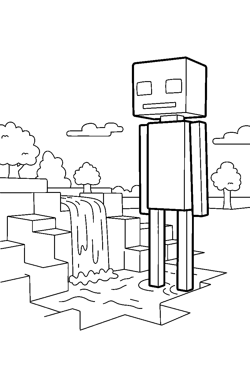 minecraft enderman watching carefully near a waterfall line art