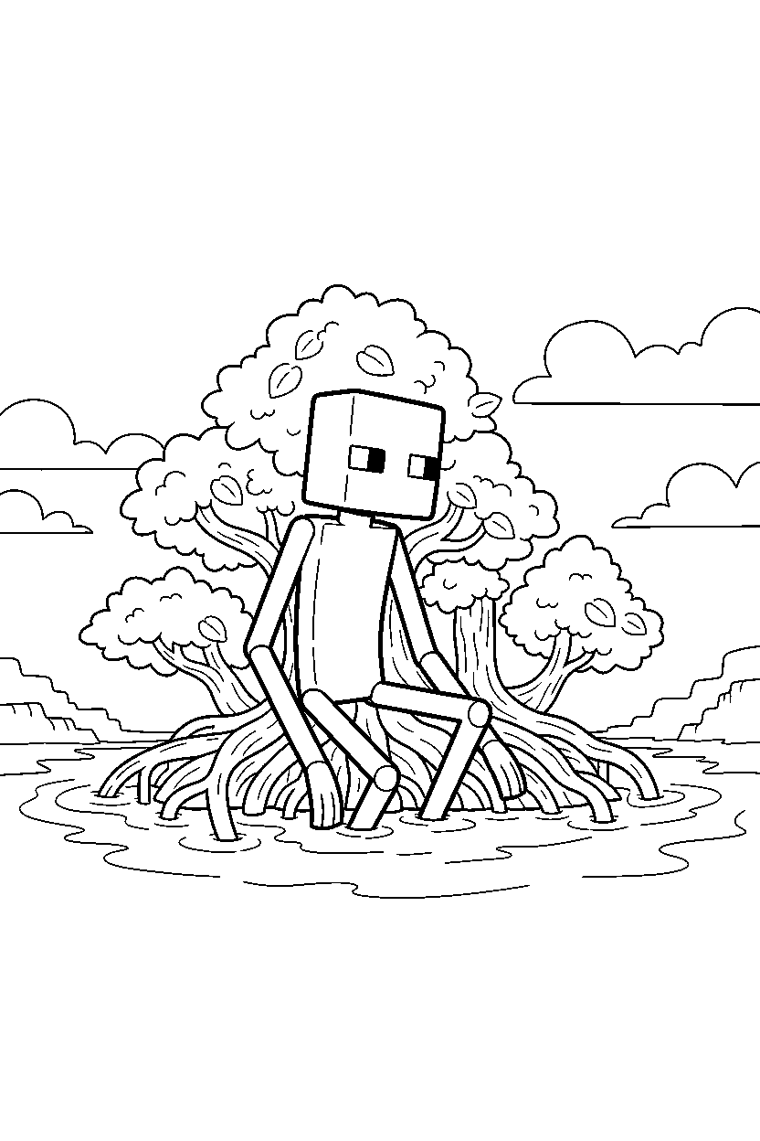 minecraft enderman watching cautiously in a mangrove swamp line art