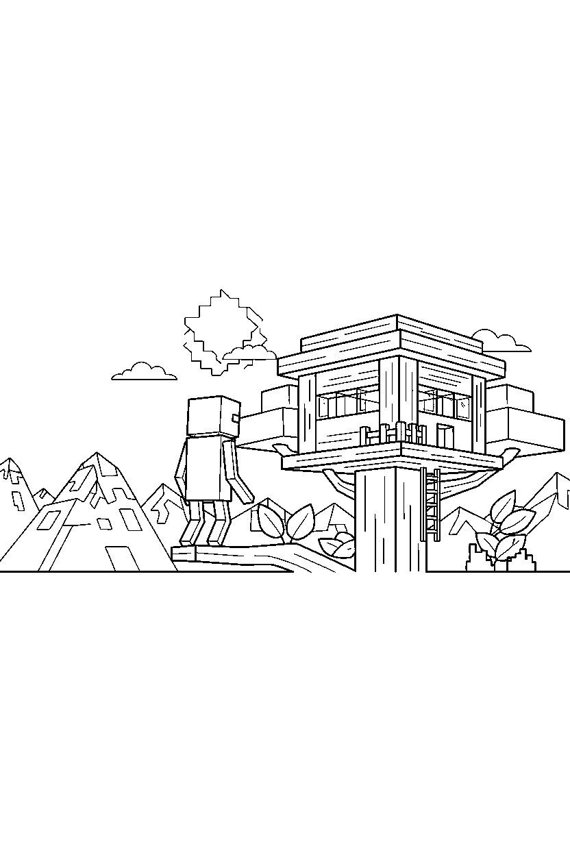 minecraft enderman watching from afar in a treehouse base line art