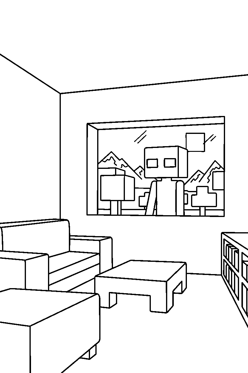 minecraft enderman watching from afar inside a house line art