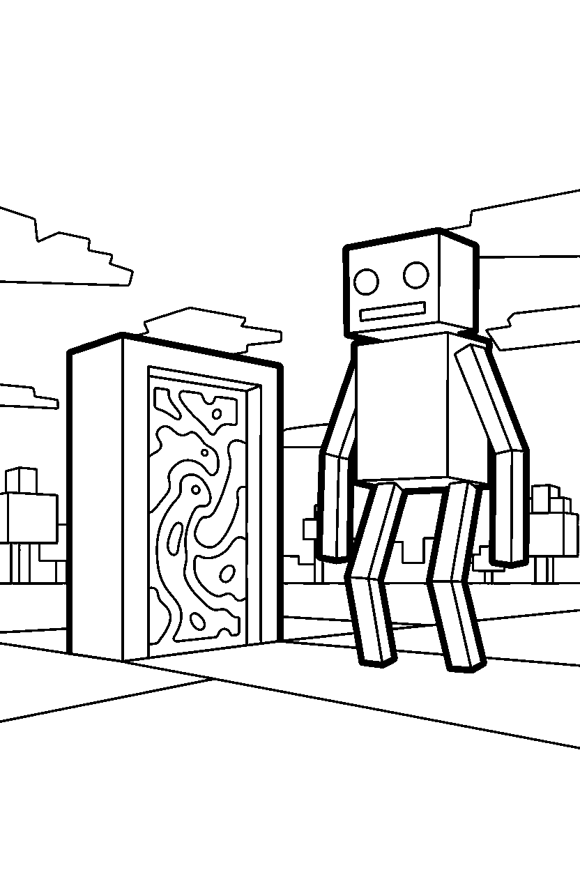 minecraft enderman watching from afar near a nether portal line art