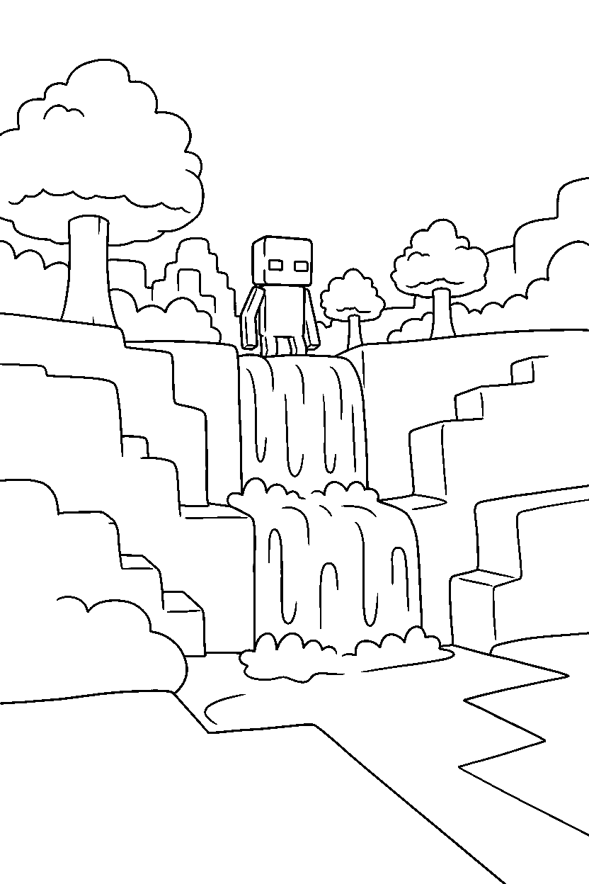 minecraft enderman watching from afar near a waterfall line art