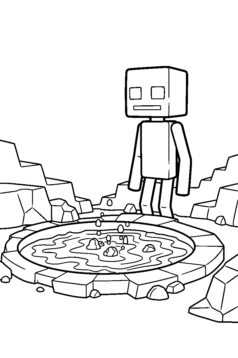 minecraft enderman watching quietly in silence near a lava lake line art
