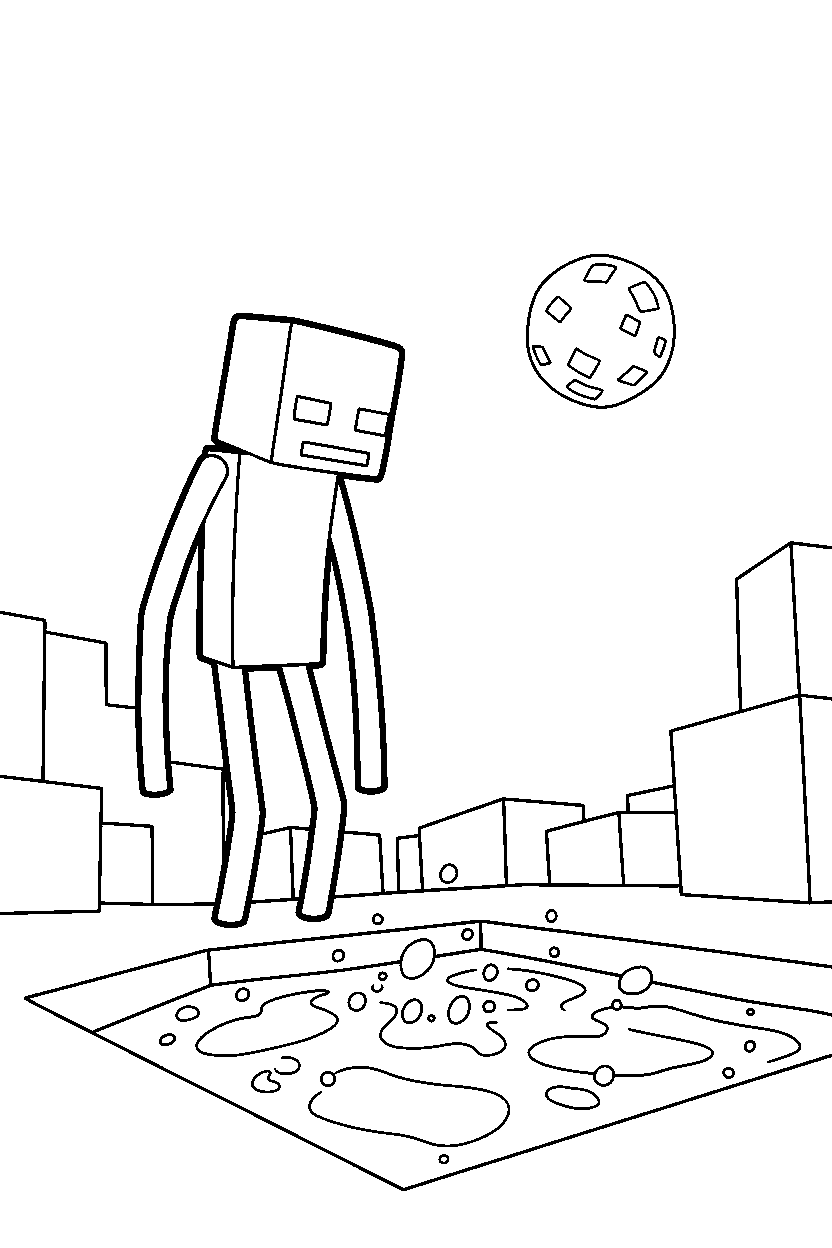 minecraft enderman watching quietly near a lava lake line art