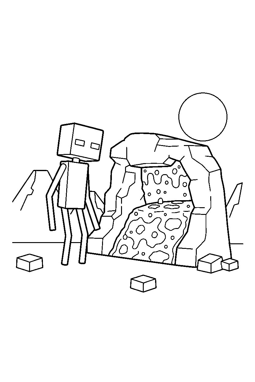 minecraft enderman watching silently near a lava cave line art