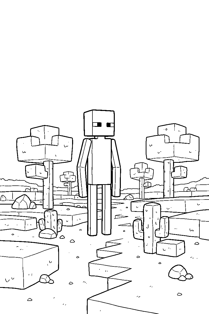 minecraft enderman watching the forest quietly in a desert line art