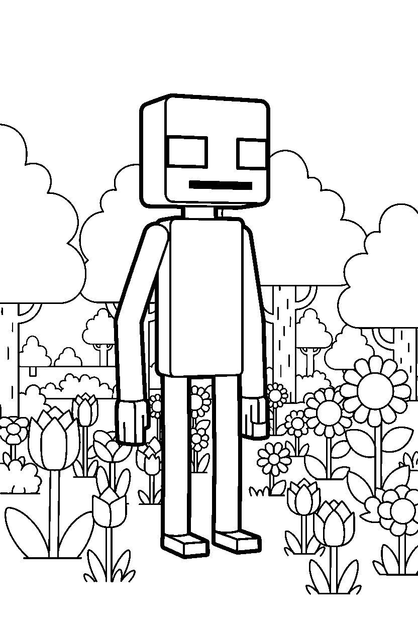 minecraft enderman watching the forest quietly in a flower forest line art