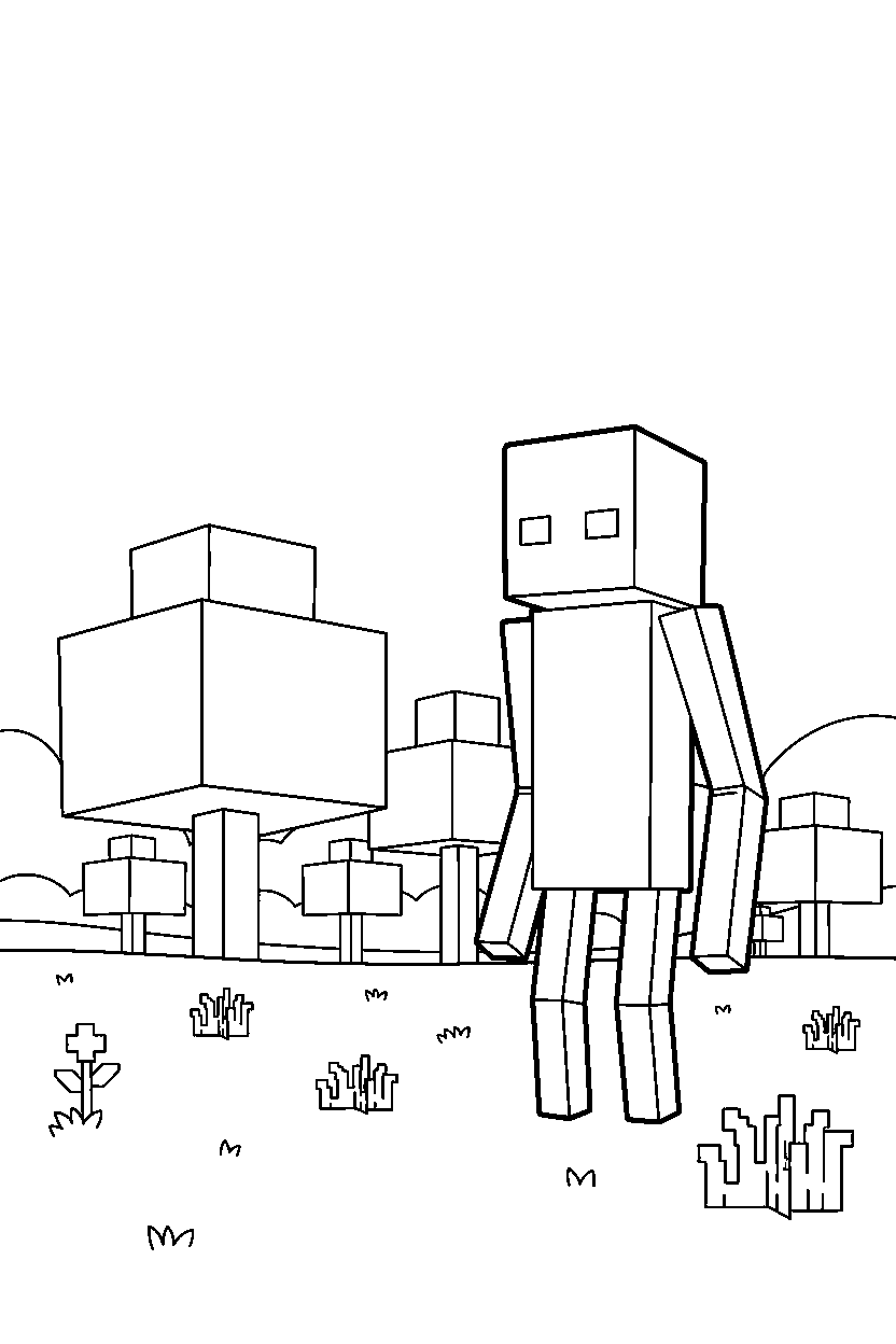 minecraft enderman watching the forest quietly in a meadow line art