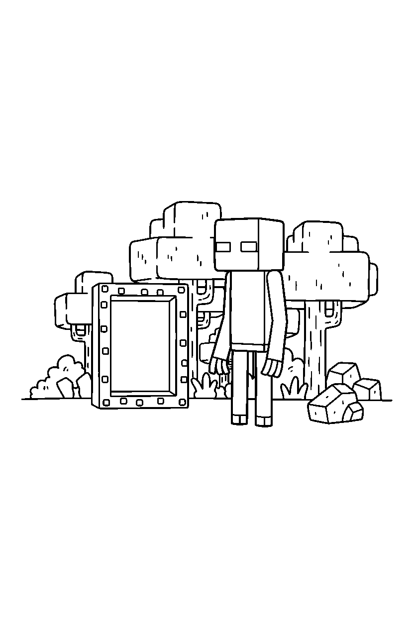 minecraft enderman watching the forest quietly near a portal line art