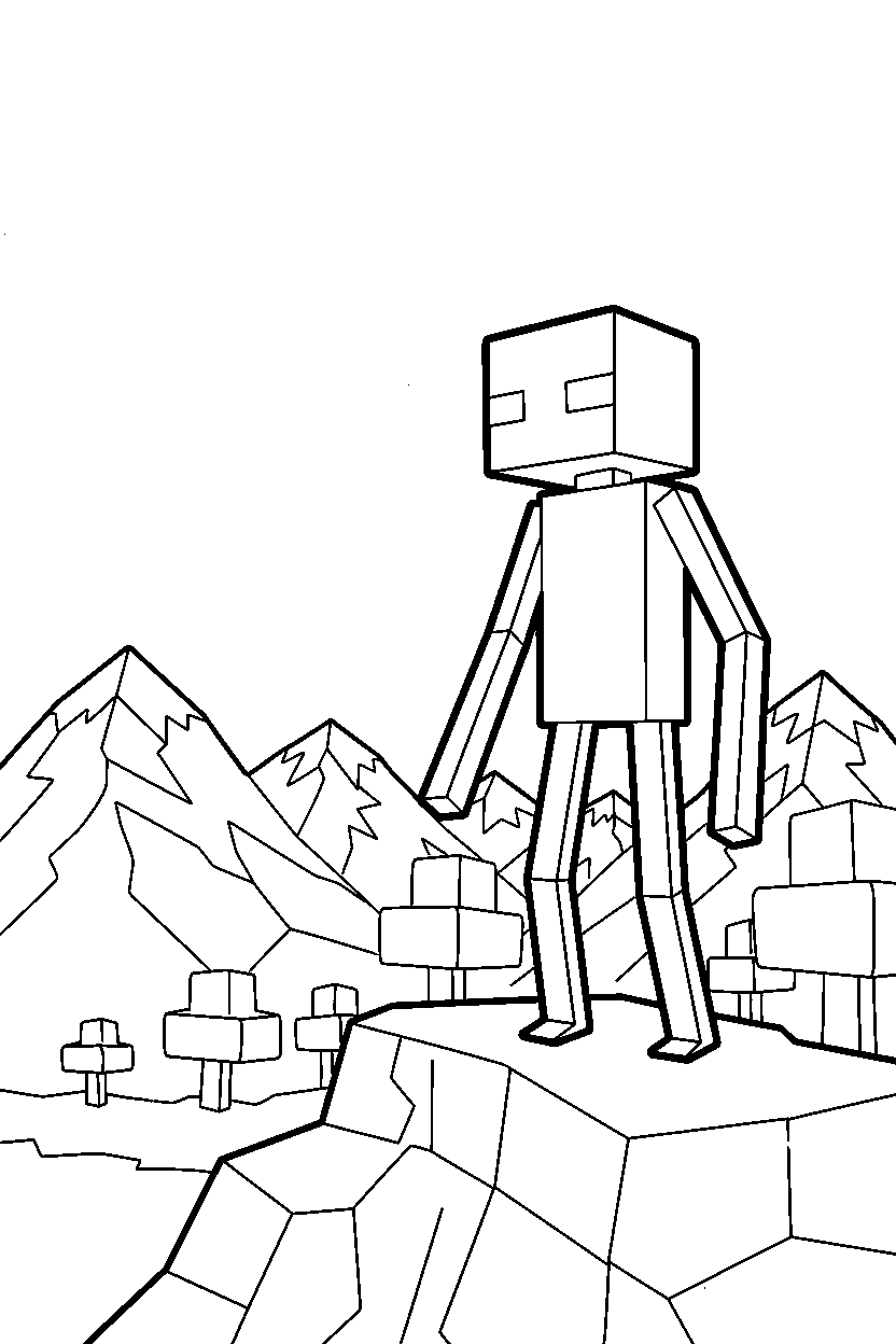 minecraft enderman watching the horizon in mountains line art