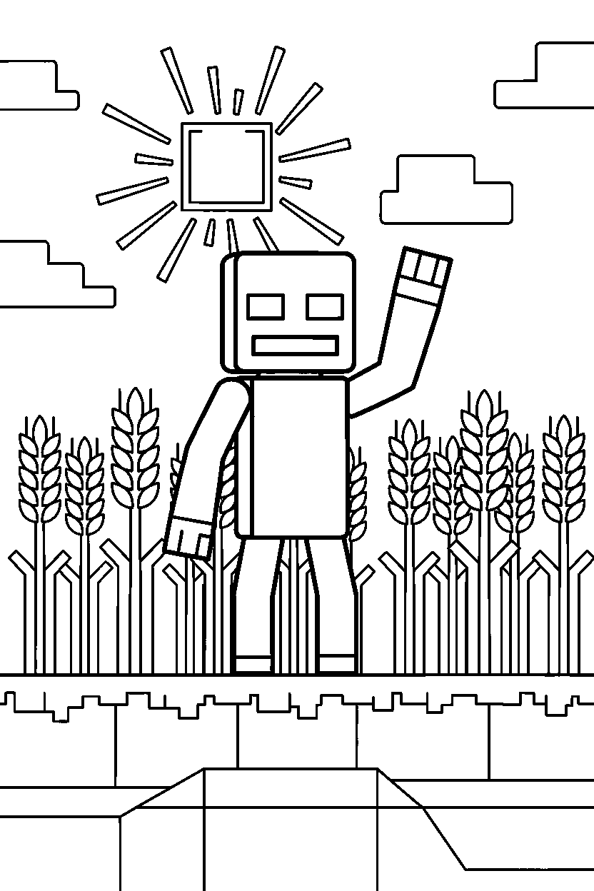 minecraft enderman waving in wheat field line art